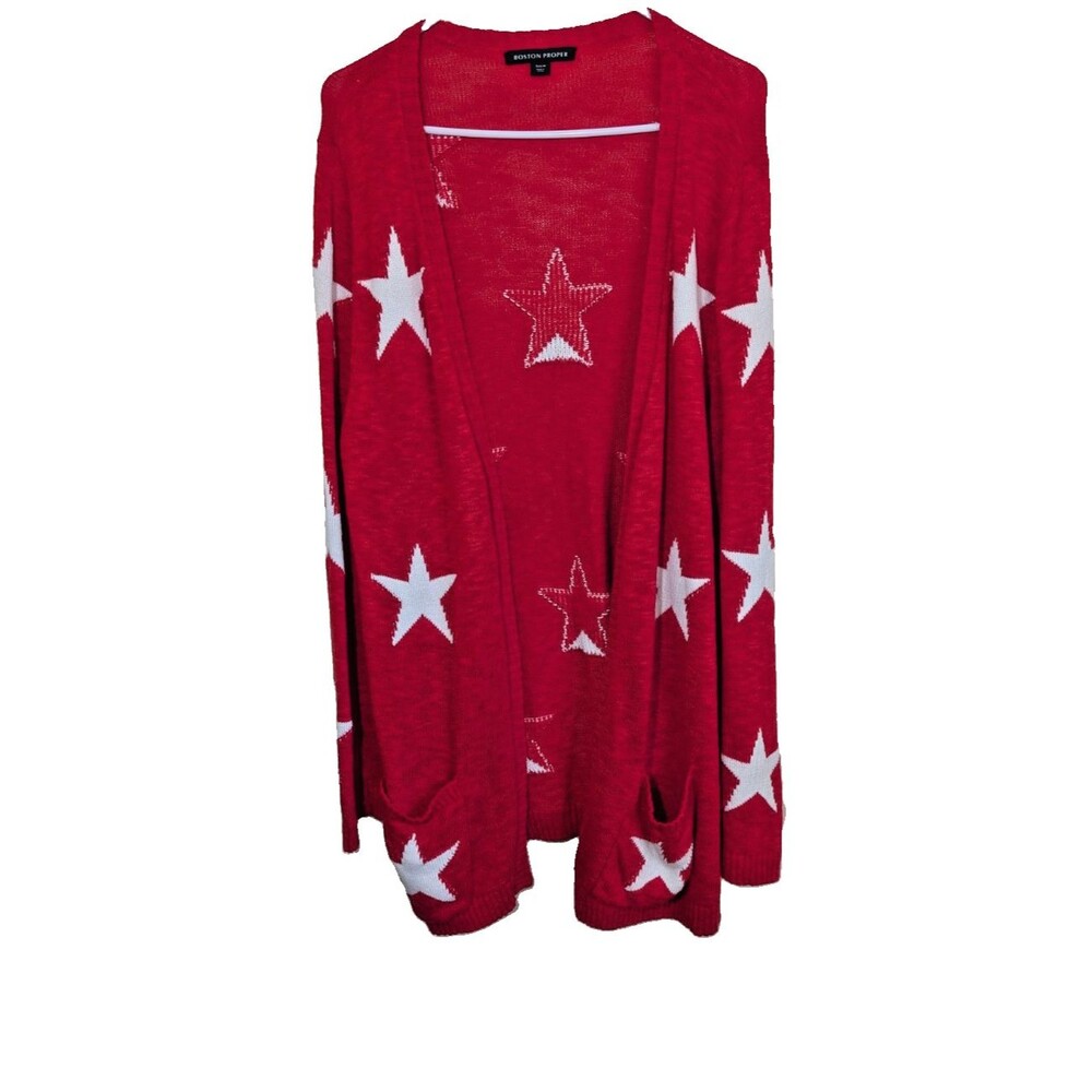 Boston Proper Patriotic Star Open Cardigan Knit Pockets Cotton Novelty Medium